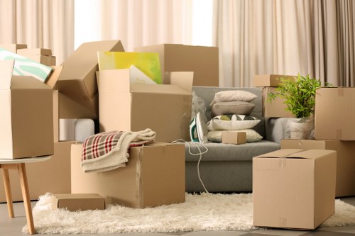 Packed office equipment ready for transport in central London
