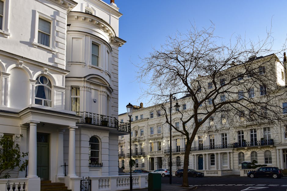 A street scene in Belgravia, showing a row of white, multi-story terraced houses with ornate architectural details, including large sash windows, decorative mouldings, and small balconies with black wrought iron railings. In the foreground, a leafless tree extends across the image, its branches contrasting against the clear blue sky. A lamppost stands near the centre of the scene, and parked cars are visible along the street, which is lined with a few shrubs and a green street bin. The surroundings suggest a quiet residential area suitable for house removals and furniture transport. The image depicts a typical daytime setting, emphasizing the neighbourhood's elegant character, relevant for [COMPANY_NAME] in providing professional home relocation services within Belgravia, as highlighted in the 'Eaton Square removals guide Belgravia' page.